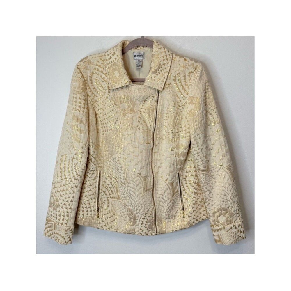 Chico's Gold Ecru Cream Jacquard Moto Zip Blazer Jacket Women Chico Sz 1 US M 8